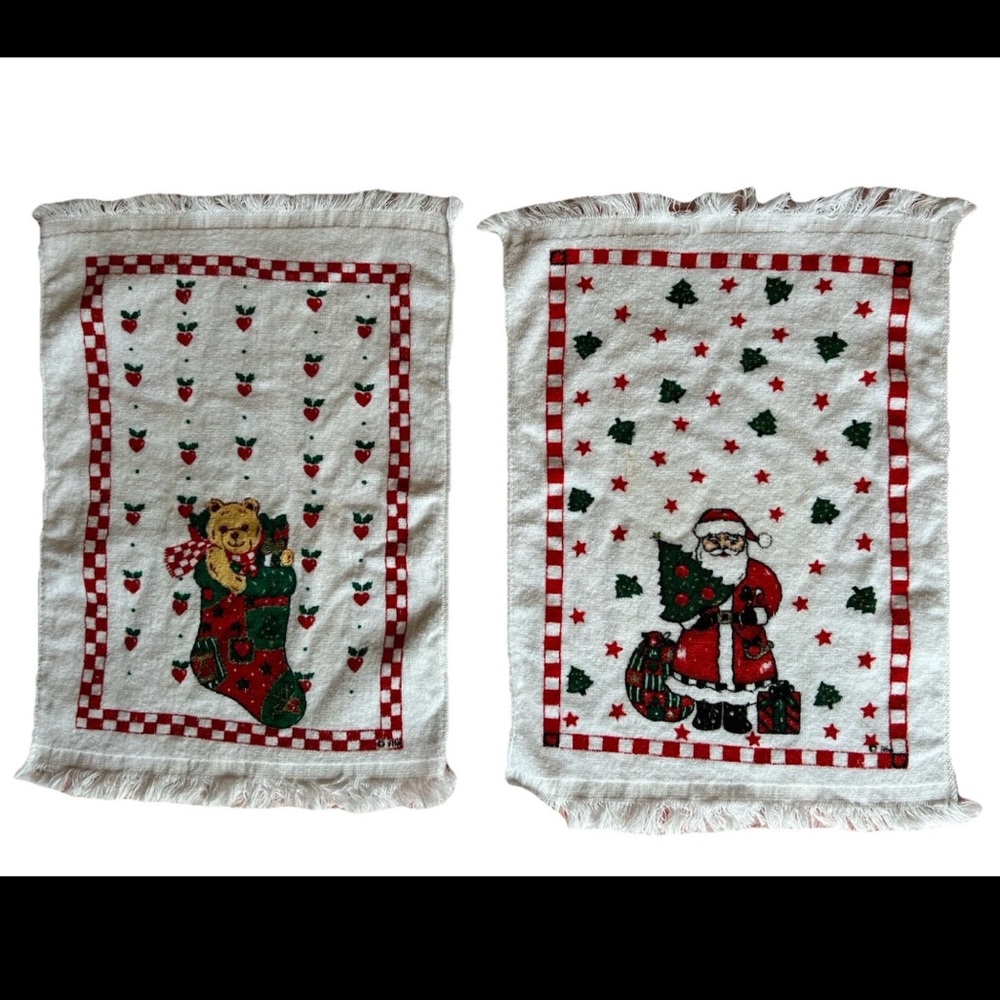 Vintage Revere Mills Christmas Kitchen Towels Santa & Teddy Bear Set of 2